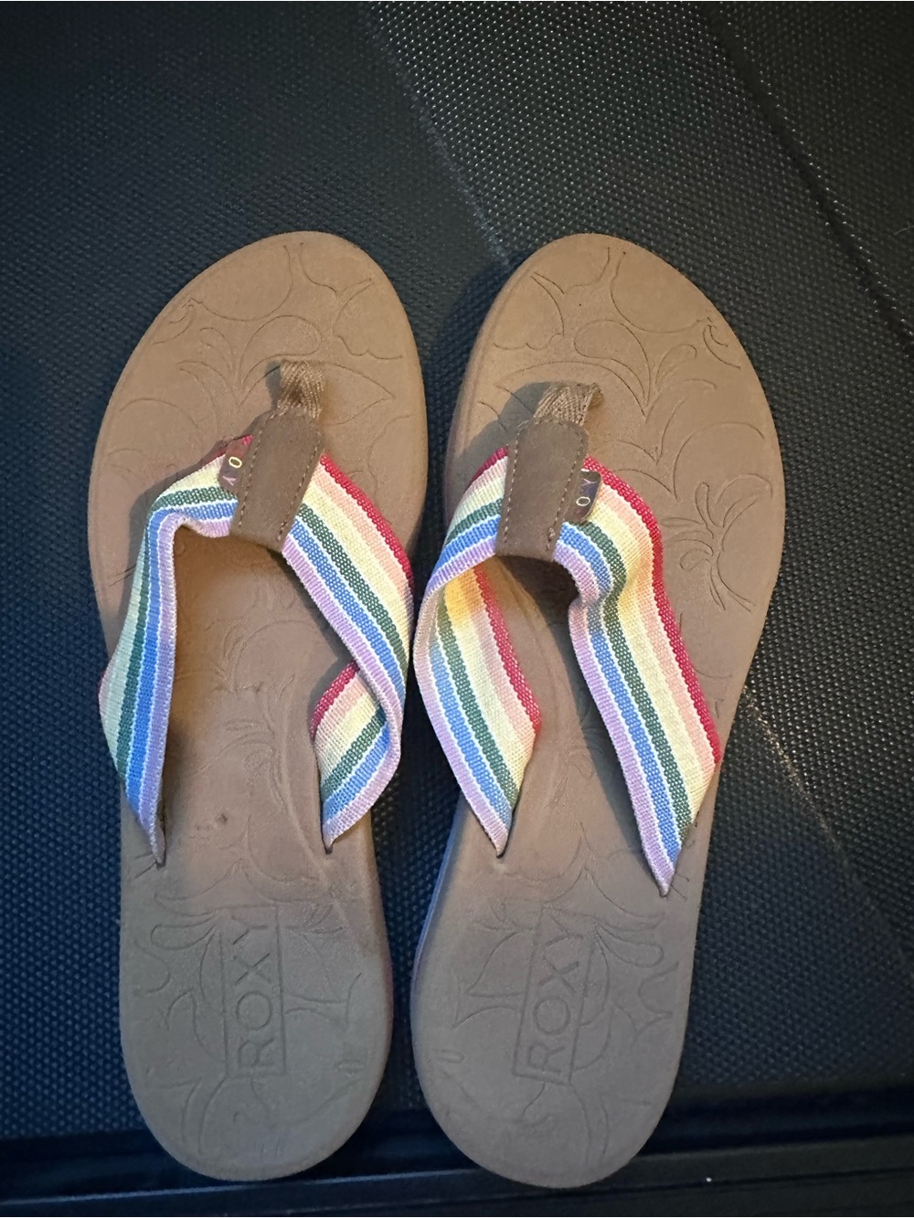 Roxy Brown Sandals with Rainbow Stripe Fabric Straps